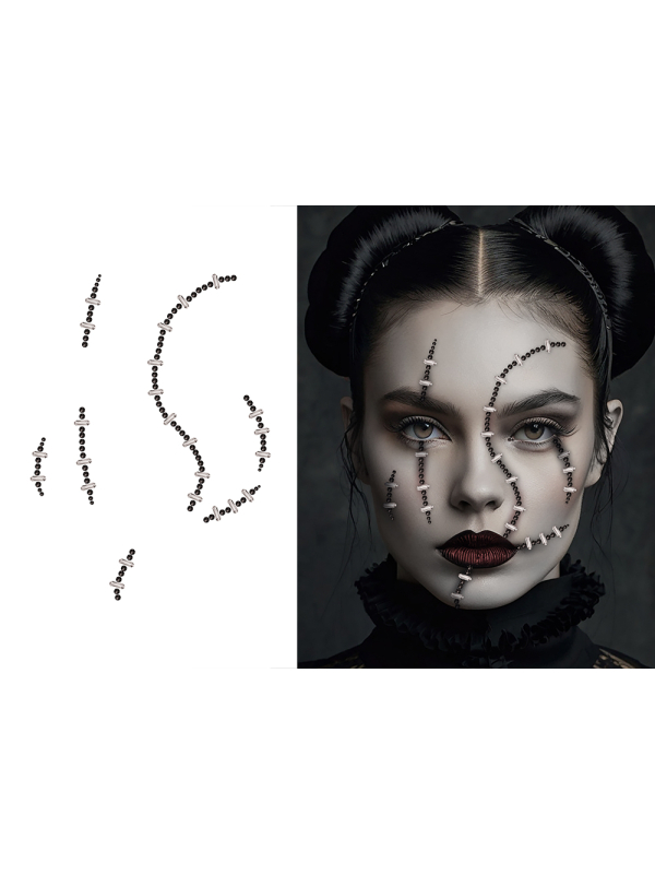 Bijoux de visage cicatrices cousues Halloween – adhésifs noirs et argentés