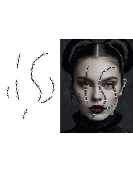 Bijoux de visage cicatrices cousues Halloween – adhésifs noirs et argentés