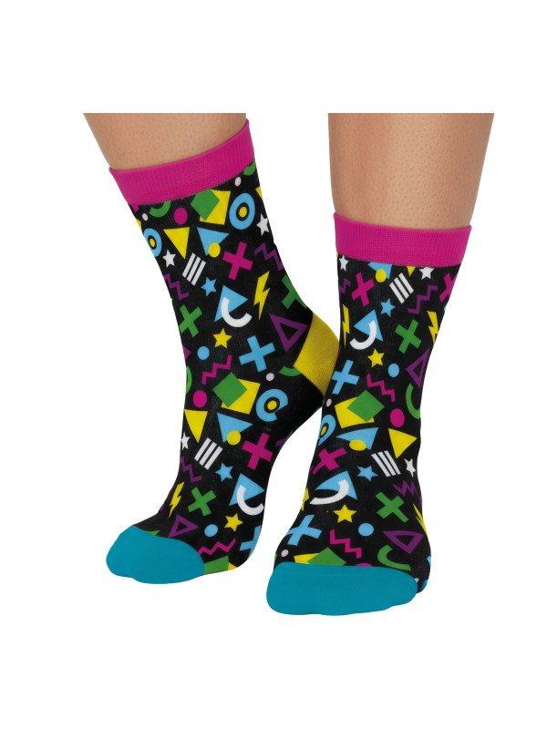 Chaussettes années 80 noires à motifs géométriques multicolores