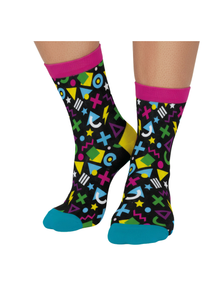 Chaussettes années 80 noires à motifs géométriques multicolores