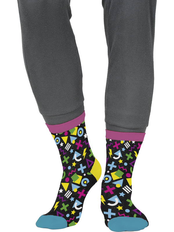 Chaussettes années 80 noires aux bordures roses et motifs colorés