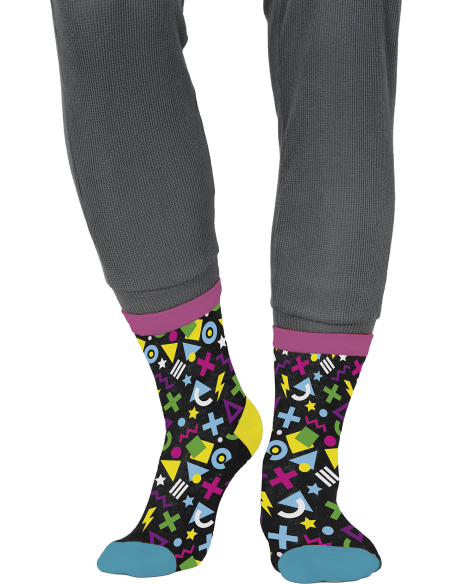 Chaussettes années 80 noires aux bordures roses et motifs colorés