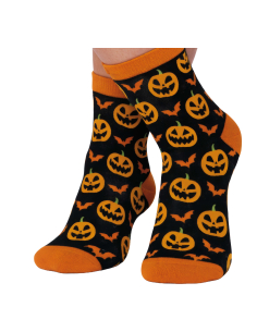 Chaussettes Halloween noires à citrouilles et chauves-souris orange