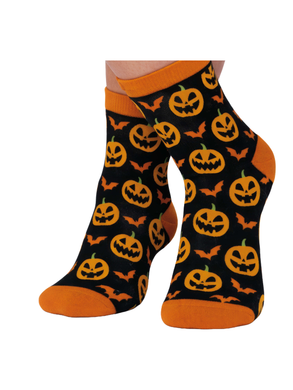 Chaussettes Halloween noires à citrouilles et chauves-souris orange