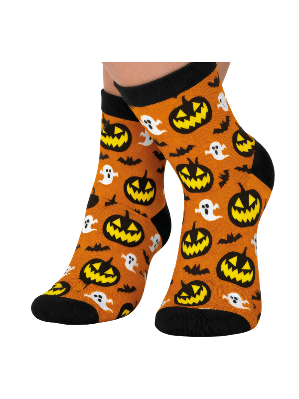 Chaussettes Halloween orange à citrouilles fantômes et chauves-souris