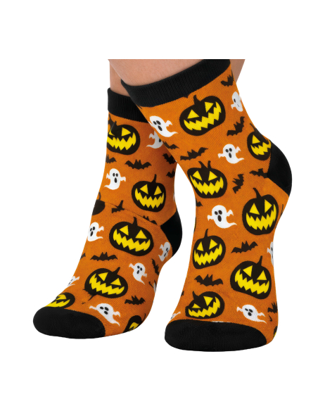 Chaussettes Halloween orange à citrouilles fantômes et chauves-souris