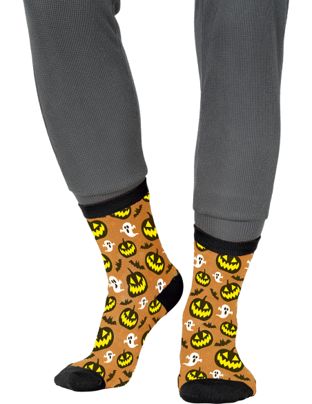 Chaussettes Halloween citrouilles et fantômes aux bordures noires