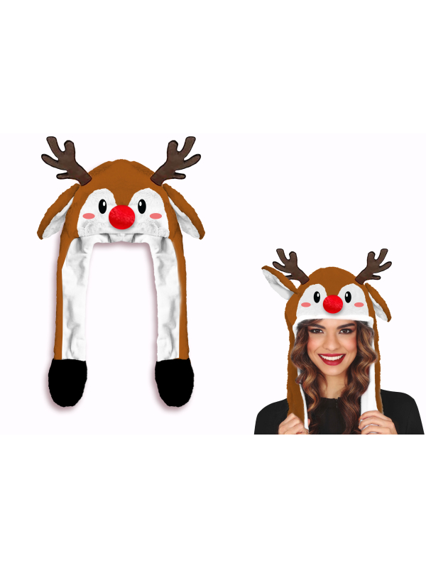 Chapeau renne de Noël marron avec bois, oreilles et nez rouge