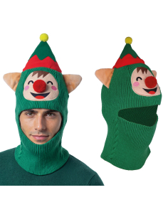 Cagoule elfe de Noël verte avec oreilles en tissu et pompon jaune