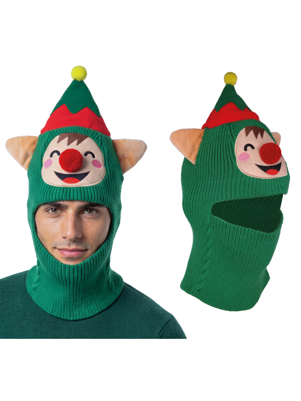 Cagoule elfe de Noël verte avec oreilles en tissu et pompon jaune