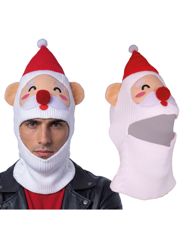 Cagoule de Père Noël rouge et blanche avec barbe tricotée