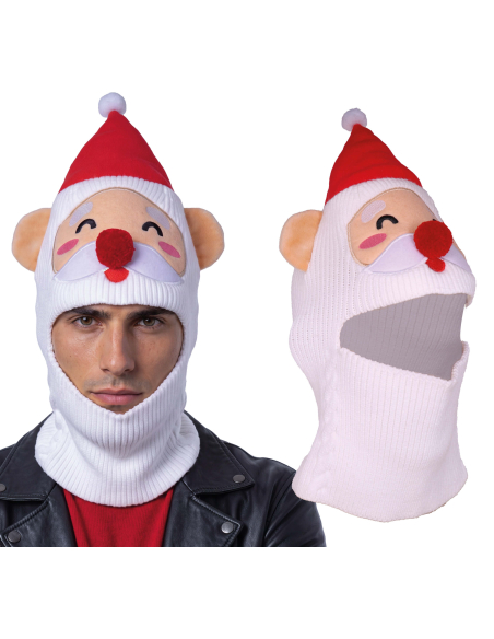 Cagoule de Père Noël rouge et blanche avec barbe tricotée