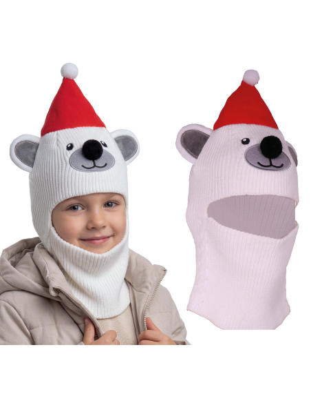 Cagoule ours polaire enfant blanche et rouge avec oreilles