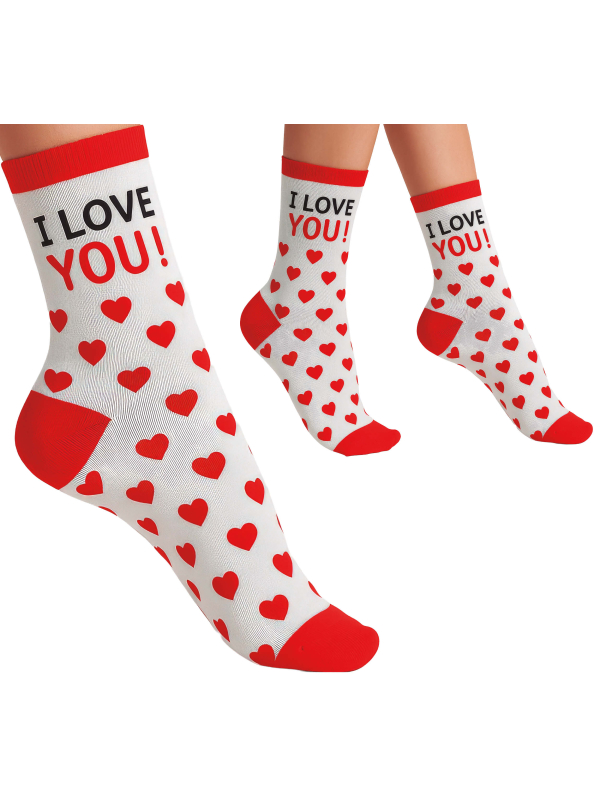 Chaussettes blanches à cœurs rouges avec bord rouge