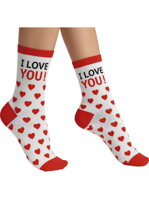 Chaussettes à cœurs rouges blanches et inscription I LOVE YOU