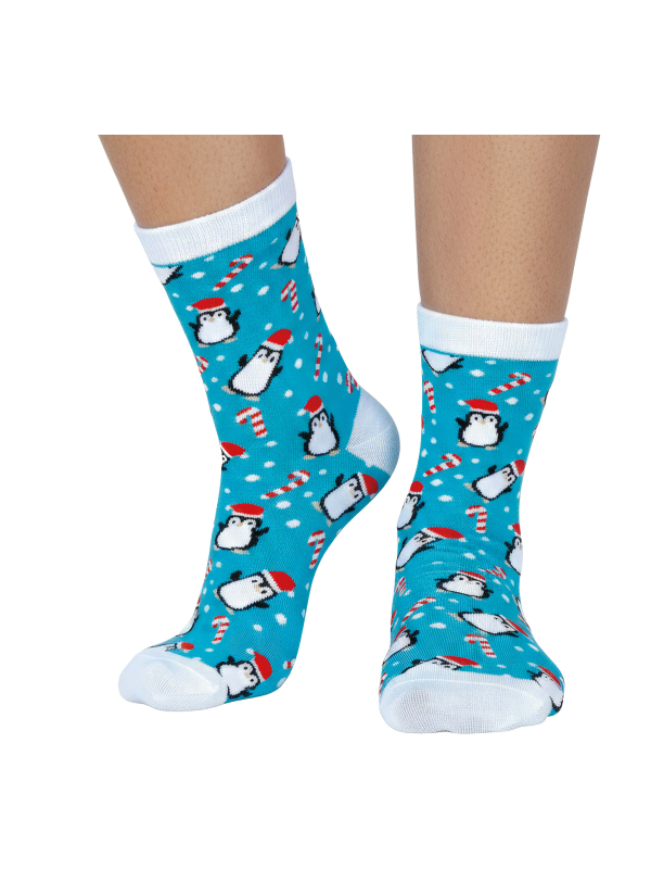 Chaussettes de Noël bleues à pingouins et cannes à sucre