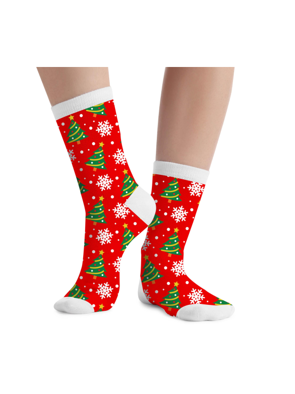 Chaussettes de Noël rouges enfant motif sapins et flocons