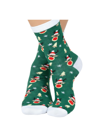 Chaussettes de Noël vertes à motifs rennes et flocons