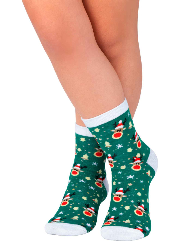Chaussettes vertes enfant avec rennes et flocons