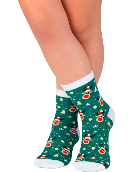 Chaussettes vertes enfant avec rennes et flocons