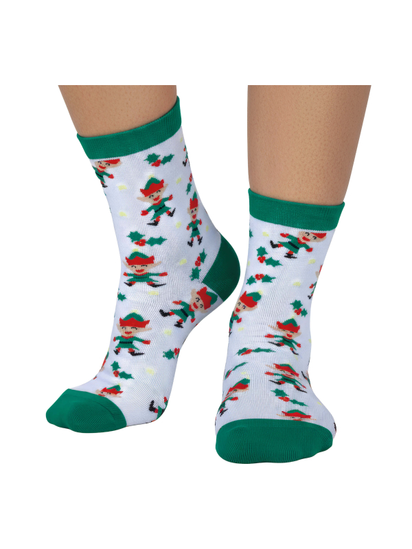 Chaussettes de Noël blanches à motifs d’elfes et houx
