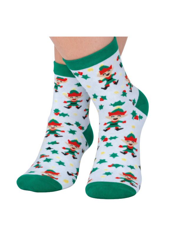 Chaussettes de Noël enfant blanches et vertes à motifs d’elfes