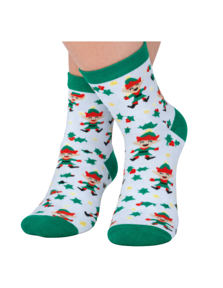 Chaussettes de Noël enfant blanches et vertes à motifs d’elfes
