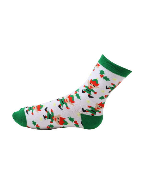 Détail des motifs d’elfes sur chaussettes de Noël enfant