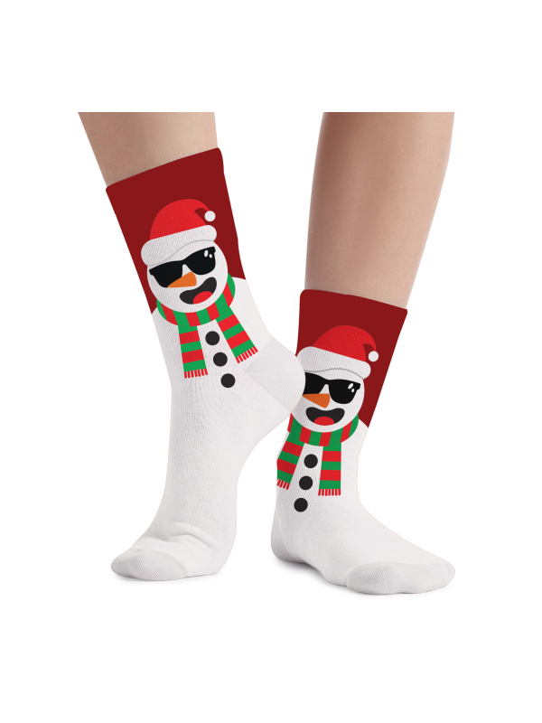 Chaussettes de Noël blanches à bonhomme de neige et revers rouge