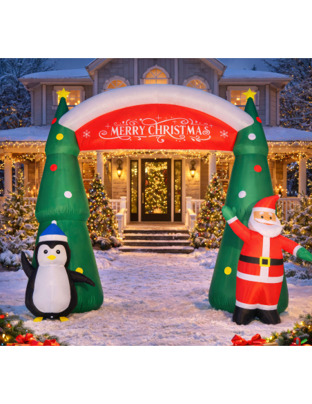 Arche de Noël gonflable lumineuse 300 cm avec Père Noël et pingouin