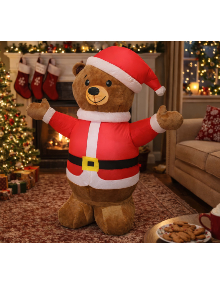 Ourson gonflable de Noël marron en costume rouge et blanc