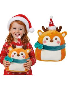 Peluche renne de Noël orange avec bonnet rouge et écharpe bleue