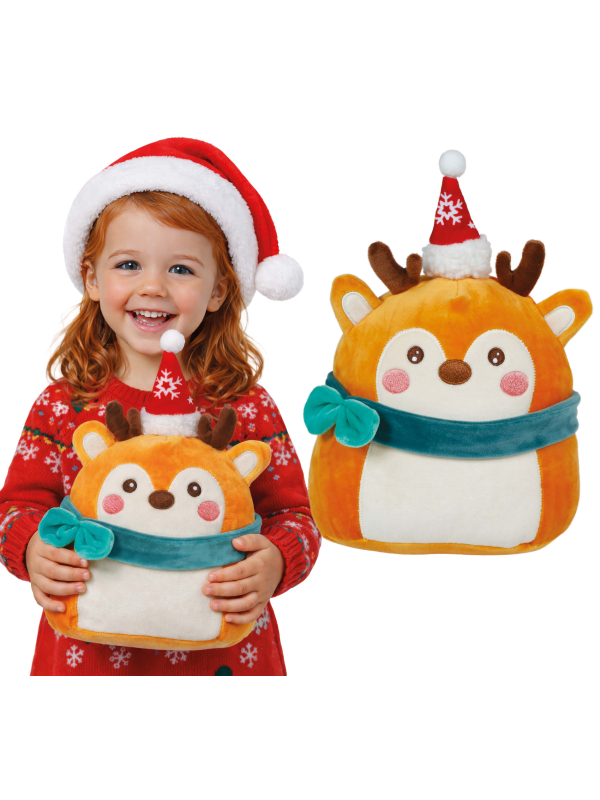 Peluche renne de Noël orange avec bonnet rouge et écharpe bleue