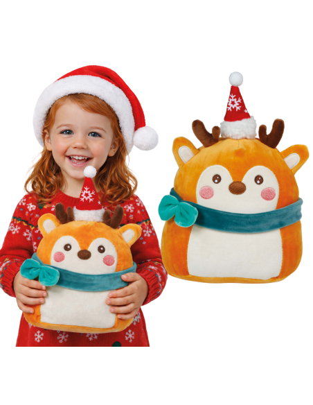 Peluche renne de Noël orange avec bonnet rouge et écharpe bleue