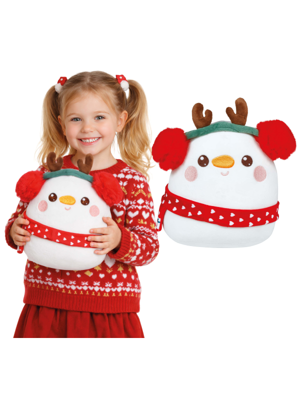 Peluche bonhomme de neige renne avec écharpe rouge et bois marron