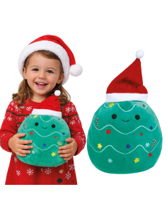 Peluche sapin de Noël verte avec bonnet rouge et blanc