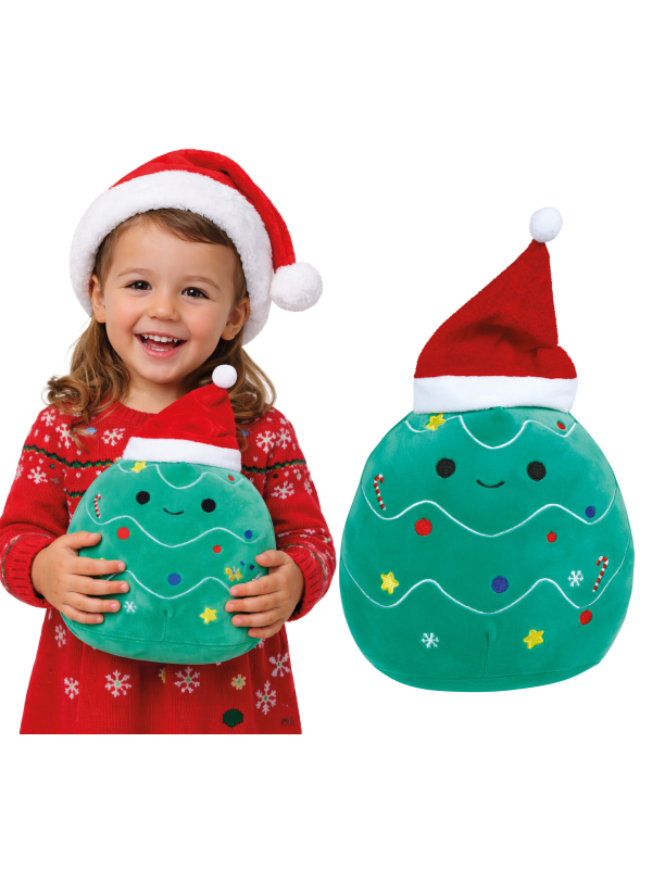 Peluche sapin de Noël verte avec bonnet rouge et blanc