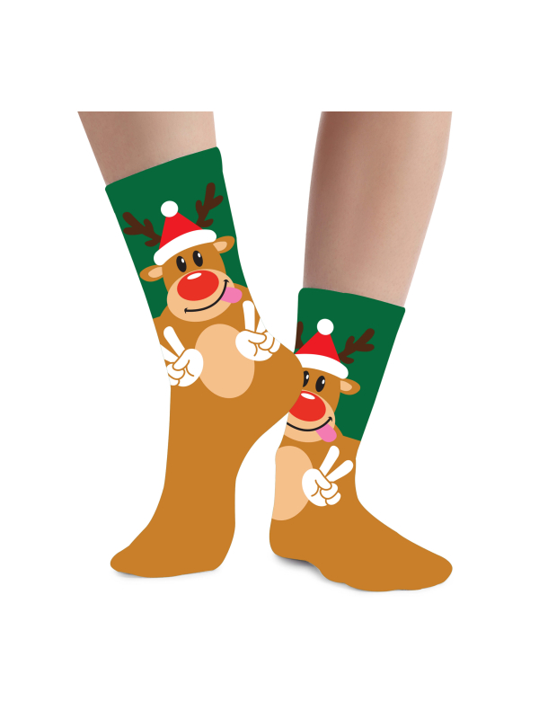 Chaussettes de Noël vertes motif renne au bonnet rouge