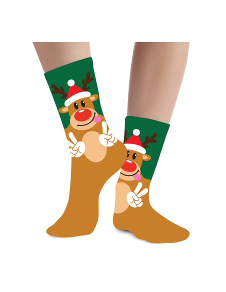 Chaussettes de Noël enfant à motif renne et bonnet rouge