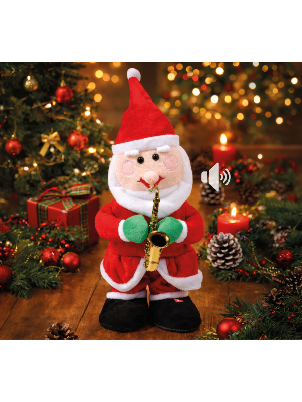 Automate Père Noël rouge et blanc avec saxophone doré
