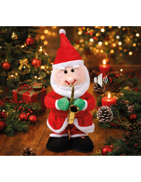 Automate Père Noël rouge et blanc avec saxophone doré