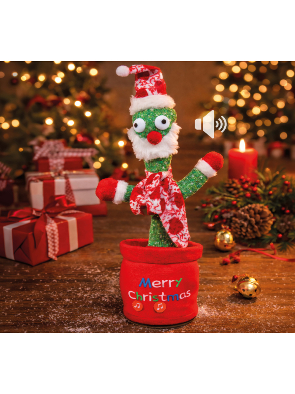 Automate cactus de Noël vert avec bonnet rouge et cache-pot festif