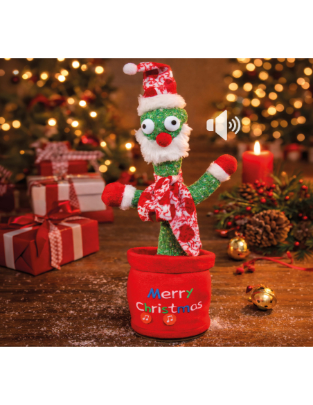Automate cactus de Noël vert avec bonnet rouge et cache-pot festif