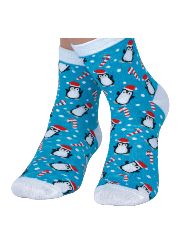 Chaussettes de Noël enfant bleues à pingouins et flocons