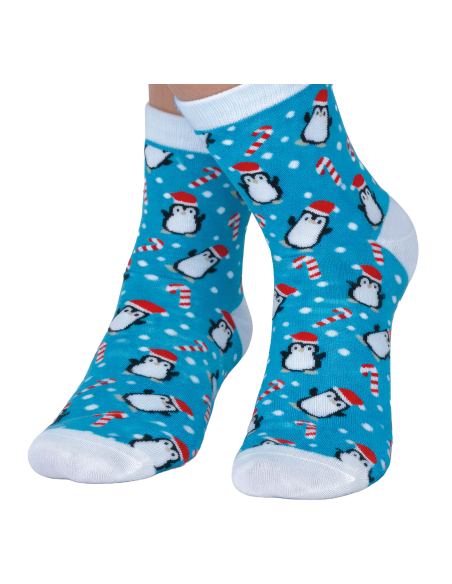 Chaussettes de Noël enfant bleues à pingouins et flocons
