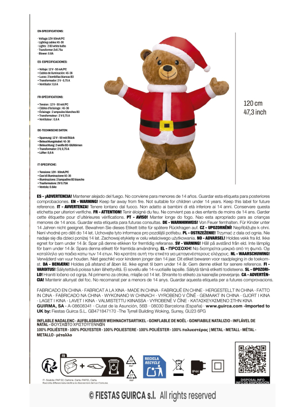 Ours de Noël gonflable lumineux 120 cm