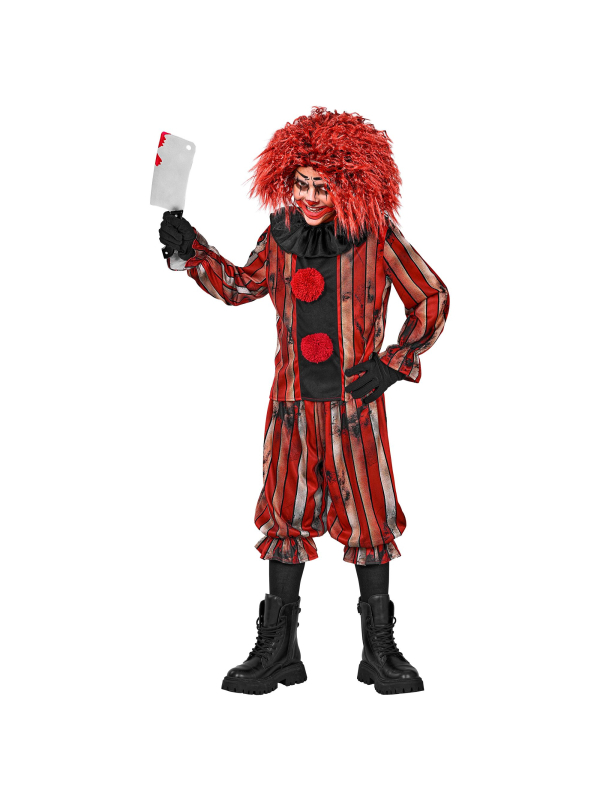Déguisement clown maléfique garçon rayé rouge et noir avec gorget noire