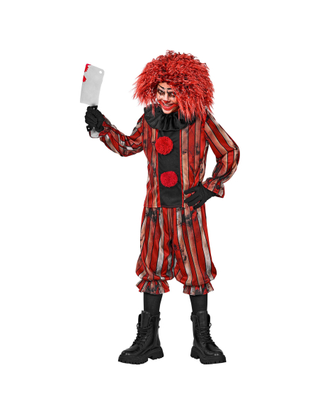 Déguisement clown maléfique garçon rayé rouge et noir avec gorget noire