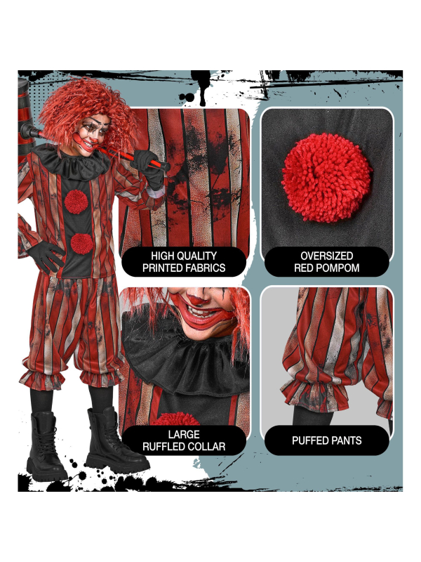 Déguisement clown maléfique garçon rouge et noir en polyester