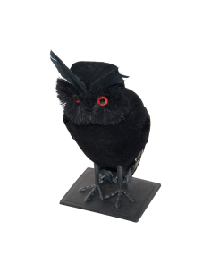 Chouette noire Halloween sur socle à yeux rouges – 22 cm